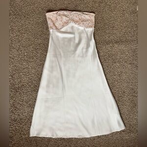 Strapless pink lace top, white satin bottom dress